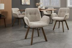 Drehbarer Design Stuhl BALTIC taupe Bouclé Tweed Soft Eiche Massivholz Walnuss