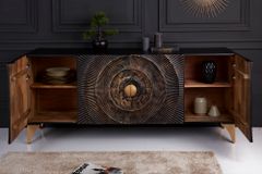Handgearbeitetes Sideboard GOLDEN SUNSET 180cm schwarz mit 3D Schnitzereien gold Mangoholz Metallbeine
