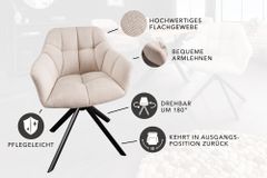 Drehbarer Stuhl PAPILLON champagner beige Ziersteppung Metallgestell schwarz mit Armlehne