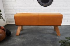 Design Sitzbank TURNBOCK 100cm cognac Echtleder Mangoholz Retro Sitzhocker