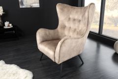 Design XL Sessel AMSTERDAM champagner Samt schwarze Metallbeine Retro Stil