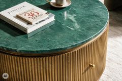 Runder Couchtisch COFFEE TABLE VENEZIANO 70cm messing grün Mangoholz Marmor Schublade
