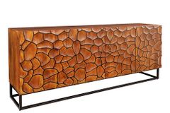 Massivholz Sideboard VULCANO 180cm braun Mangoholz mit 3D Schnitzereien handmade Metallgestell schwarz