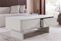Design Couchtisch SAVOY 120cm kaschmir weiß Keramik Marmor mit Schubladen