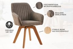 Drehbarer Design Stuhl LIVORNO vintage taupe Buchenholz Beine mit Armlehnen