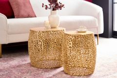 2er Set Filigraner Design Couchtisch ABSTRACT LEAF gold Handarbeit Metall rund