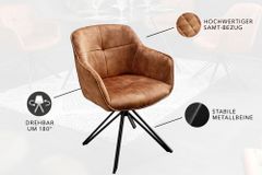 Drehbarer Design Stuhl EUPHORIA rost braun Samt mit Armlehne Metallgestell schwarz