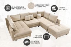 XXL Wohnlandschaft KENT 305cm champagner beige Vogue Velours Samt Federkern mit Hocker