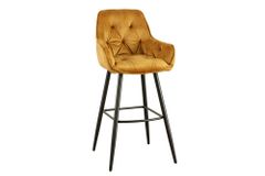 Design Barhocker MILANO senfgelb Samt Barstuhl mit Lehne Metall schwarz