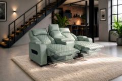 Elektrischer 2er Kinosessel HOLLYWOOD salbei Kunstleder Relaxfunktion Getränkehalter