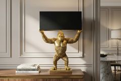 Handgefertigte Tischlampe KING APE 70cm schwarz gold Stoffschirm Affen-Skulptur