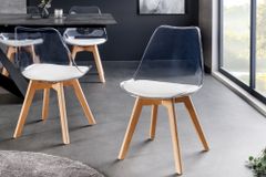 Design Stuhl SCANDINAVIA MEISTERSTÜCK transparent weiß Kunststoff Buchenholz natur
