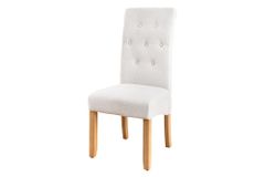 Design Stuhl CASA beige Strukturstoff Massivholzbeine mit Zierknöpfen und Nackenrolle
