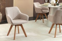 Design Stuhl LIVORNO beige Strukturstoff Massivholzbeine drehbar Auto-Return-Funktion