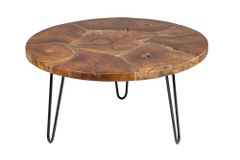 Runder Massivholz Couchtisch MOSAIK 70cm natur Teak Hairpin Legs schwarz Metall handmade