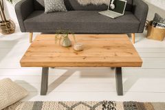 Massivholz Couchtisch THOR 110cm Wildeiche geölt X-Gestell Metall anthrazit Industrial Design