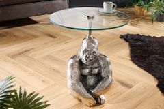 Runder Beistelltisch KONG 50cm silber Metall Glas Affenfigur Gorilla Skulptur