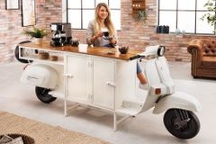 Extravaganter Barschrank SCOOTER 250cm weiß Retro-Konsole Motorroller mit Mangoholz Upcycling