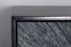 Massives Highboard BARRACUDA 120cm grau Mangoholz mit Teakholz-Front schwarz Metall