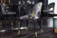 Design Stuhl PRÊT-À-PORTER grau Samt florales Muster und goldene Fußkappen