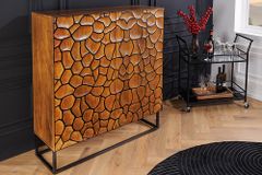 Massivholz Highboard VULCANO 120cm braun Mangoholz mit 3D Schnitzereien handmade Metallgestell schwarz