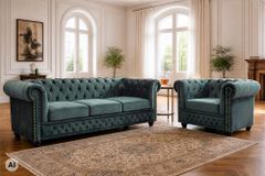 Barocker Sessel CHESTERFIELD petrol Samt Federkern goldene Nieten mit Knopfheftung