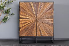 Massives Highboard BARRACUDA 120cm braun Mangoholz mit Teakholz-Front schwarz Metall