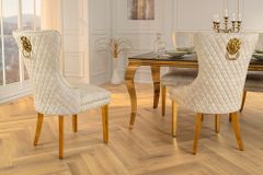 Barock Stuhl CASTLE DELUXE beige Samt gold Edelstahl mit Löwenkopf Ziernieten
