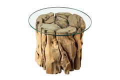Handgearbeiteter Couchtisch RIVERSIDE 60cm Teakholz runde Glasplatte Massivholz