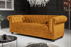 Barock Sofa CHESTERFIELD 205cm senfgelb Samt Federkern Knopfheftung 3-Sitzer Couch