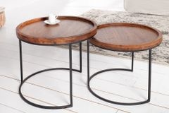 Rundes 2er Set Beistelltische ELEMENTS 55cm Akazie stone finish Metall schwarz