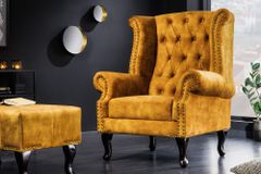 Design Ohrensessel CHESTERFIELD 85cm senfgelb Samt Knopfheftung