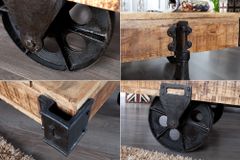 Massiver Design Couchtisch RAILWAY 110cm Mangoholz mit 4 Rädern