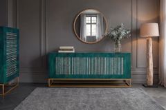Massives Sideboard ONYX 180cm türkis Mangoholz Achat Edelstein gold Metallgestell