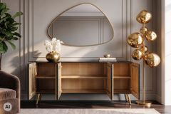 Massives Sideboard AURUM 180cm schwarz Mangoholz mit ikonischem Gold-Element