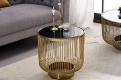 Filigraner Design Beistelltisch VARIATION 50cm gold Metall rund Schwarzglas Handarbeit