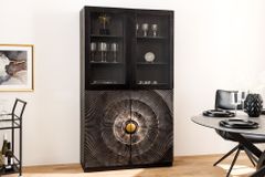 Massives Highboard GOLDEN SUNSET 180cm schwarz gold Mangoholz mit Glastüren Vitrine