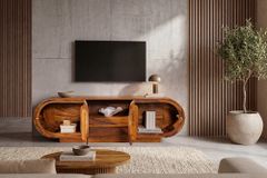 Massives TV-Board ORGANIKO 160cm braun Sheeshamholz stone finish ovales Lowboard