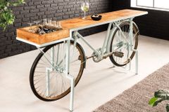 Retro Konsolentisch BICYCLE 190cm salbei natur Mangoholz Fahrrad Bartisch Upcycling