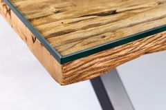 Massiver Couchtisch BARRACUDA 110cm antik natur Teakholz X-Gestell Glasplatte