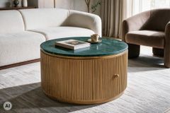 Runder Couchtisch COFFEE TABLE VENEZIANO 70cm messing grün Mangoholz Marmor Schublade