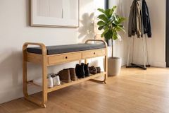 Stilvolle Schuhbank ZEN-BO 100cm natur grau Bambus Regal Sitzbank mit Schubladen