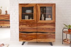 Massives Highboard AMAZONAS 140cm braun Sheeshamholz Vitrine mit Baumkante