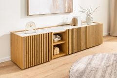 Design Lowboard VICENZA 180cm weiß Keramik natur Eiche Lamellenfront