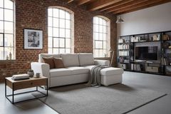 Ecksofa mit Schlaffunktion APARTMENT beidseitig aufbaubar beige Strukturstoff inkl. Stauraum