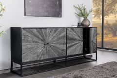 Massives Sideboard BARRACUDA 180cm grau Mangoholz mit Teakholz-Front schwarz Metall