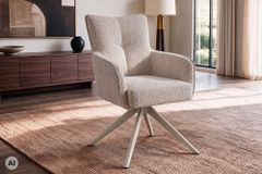 Drehbarer Stuhl LUGANO taupe Bouclé Tweed Soft Federkern mit Armlehne bis 150 kg belastbar