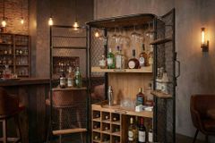 Design Barschrank LOFT 150cm natur Pinienholz Metall mit Flaschenregal