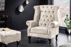 Design Ohrensessel CHESTERFIELD 105cm champagner beige Samt silber Ziernieten