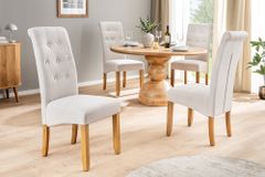 Design Stuhl CASA beige Leinen Massivholzbeine mit Zierknöpfen und Nackenrolle